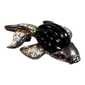 Vintage Rhinestone & Green Enamel Fish Brooch Pin Silver Tone Amethyst Eyes
